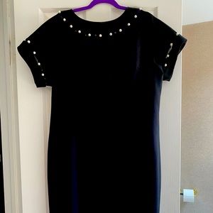 Teri Jon black maxi dress,cocktail dress,pearl decor around neck and sleeves